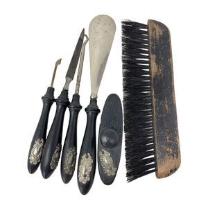 Victorian Vanity 6 PC Set Wood Ornate Decorated Nail Tools Shoe Horn Button Hook